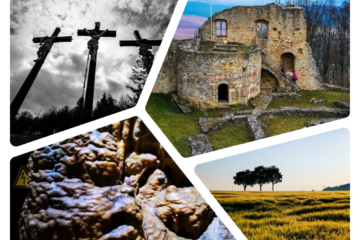 Collage aus vier Bildern: drei Kreuze als Silhouetten vor einem bewölkten Himmel; eine alte Steinruine mit Treppen, die an Deutschlands historische Landschaften erinnern; eine Nahaufnahme eines strukturierten Steins oder Minerals; und ein weitläufiges Weizenfeld mit zwei Bäumen vor einem bewölkten Himmel.