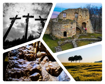 Collage aus vier Bildern: drei Kreuze als Silhouetten vor einem bewölkten Himmel; eine alte Steinruine mit Treppen, die an Deutschlands historische Landschaften erinnern; eine Nahaufnahme eines strukturierten Steins oder Minerals; und ein weitläufiges Weizenfeld mit zwei Bäumen vor einem bewölkten Himmel.