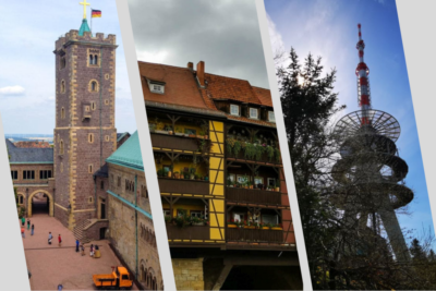 Drei vertikale Tafeln: Ein historischer Steinturm mit einem Kreuz darauf, ein Fachwerkgebäude mit leuchtenden Pflanzen auf den Balkonen, ein hoher moderner Telekommunikationsturm mit einer Aussichtsplattform vor dem blauen Himmel, der einige der atemberaubenden Sehenswürdigkeiten Thüringens präsentiert.
