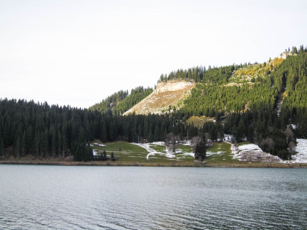 Ein ruhiger See, gesäumt von einem dichten Kiefernwald. Im Hintergrund ist unter einem bedeckten Himmel ein Hügelhang mit Schneeflecken zu sehen, der sich im ruhigen Wasser des Haldensees im bezaubernden Tannheimer Tal spiegelt.
