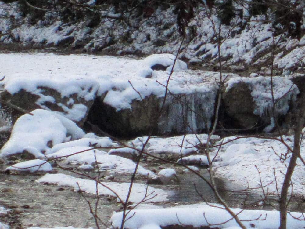 Ein verschneites Flussufer mit teilweise schnee- und eisbedeckten Felsen nahe dem Haldensee. Das fließende Wasser ist sichtbar, und kahle Äste erstrecken sich über den Vordergrund. Eiszapfen hängen von den Felsen und verleihen dieser ruhigen Szenerie im Tannheimer Tal eine winterliche Note.
