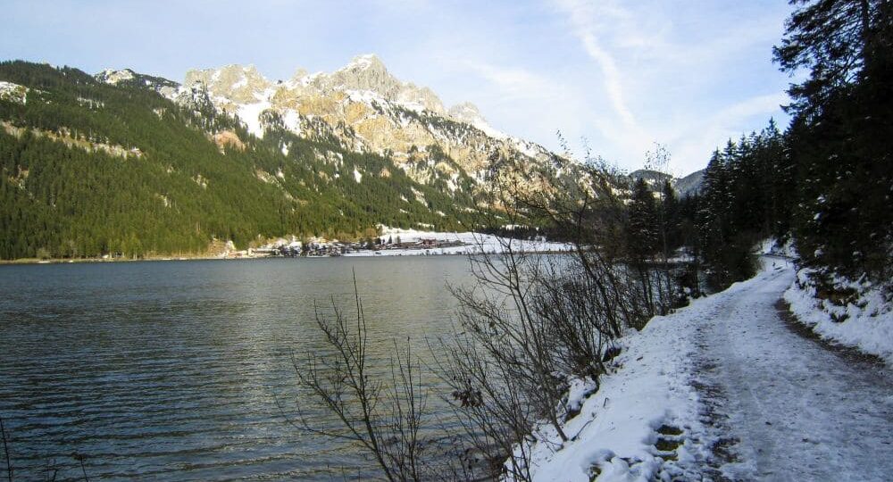 Ein ruhiger See, gesäumt von einem verschneiten Weg und immergrünen Bäumen, liegt eingebettet im Tannheimer Tal. Schroffe, schneebedeckte Berge erheben sich im Hintergrund unter einem strahlend blauen Himmel. Vereinzelte Büsche säumen das Ufer des Haldensees und unterstreichen die ruhige winterliche Wanderlandschaft.