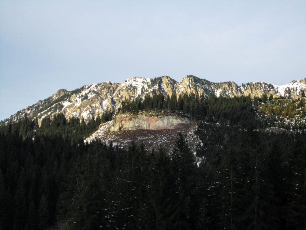 Eine Berglandschaft mit schneebedeckten Gipfeln unter bewölktem Himmel erinnert an das Tannheimer Tal. Im Vordergrund sind ein dichter Kiefernwald und ein felsiger, teilweise schneebedeckter Hügel zu sehen. Diese Szene erinnert an die ruhige Atmosphäre einer winterlichen Wanderung und fängt die Essenz der winterlichen Ruhe ein.