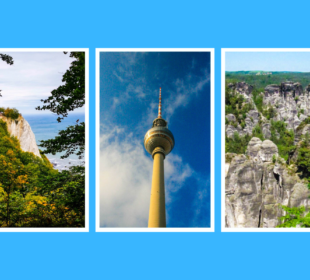 Bild aus drei Tafeln: Links ist eine bewaldete Klippe am Meer zu sehen, die eine atemberaubende Aussicht bietet; in der Mitte ragt ein hoher Turm vor einem blauen Himmel empor; rechts ist eine Felslandschaft mit schroffen Steinformationen zu sehen, die von Bäumen umgeben sind.