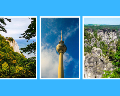 Bild aus drei Tafeln: Links ist eine bewaldete Klippe am Meer zu sehen, die eine atemberaubende Aussicht bietet; in der Mitte ragt ein hoher Turm vor einem blauen Himmel empor; rechts ist eine Felslandschaft mit schroffen Steinformationen zu sehen, die von Bäumen umgeben sind.