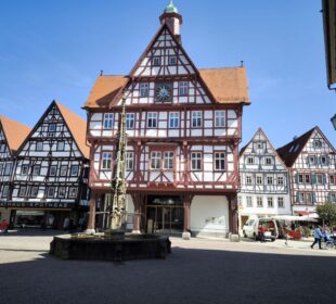 Der charmante Stadtplatz von Bad Urach besticht durch traditionelle Fachwerkhäuser mit kunstvollen Holzrahmen und roten Dächern. Ein kunstvoller Steinbrunnen ragt vor dem klaren blauen Himmel empor, während Menschen flanieren und die friedliche Atmosphäre der Natur genießen.