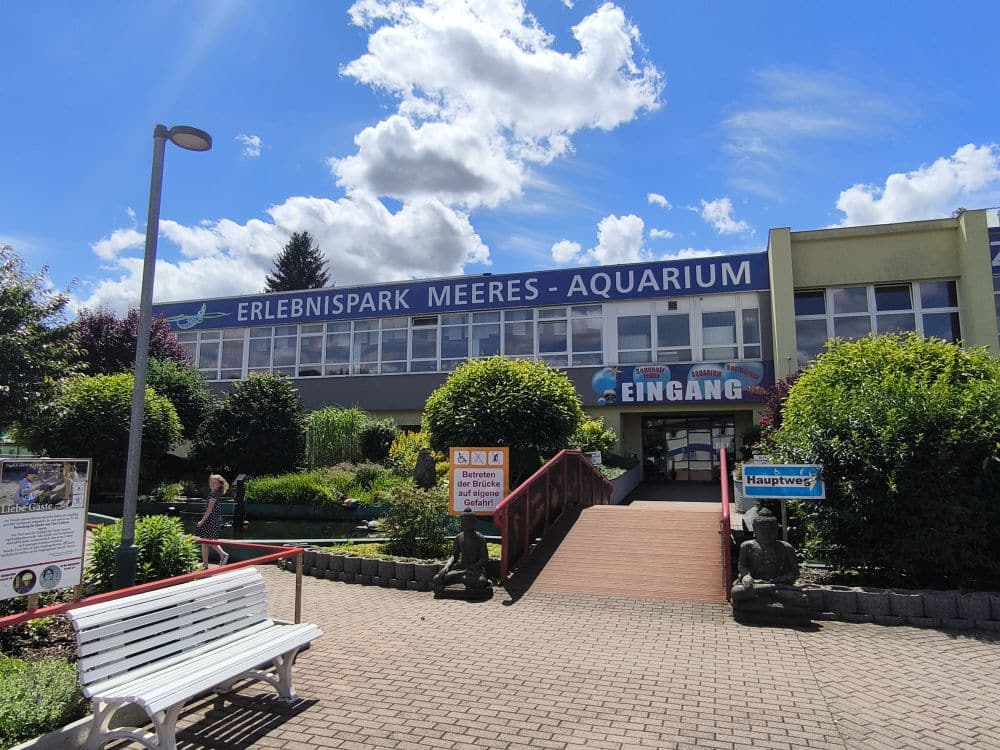Der Eingang des Erlebnisparks Meeres-Aquarium in Zella-Mehlis präsentiert sich in einem modernen Gebäude mit großer Beschilderung. Eine Holzbrücke führt zum Eingang, eingerahmt von grünen Hecken und einer weißen Bank in der Nähe. Der leicht bewölkte Himmel wirft Schatten und unterstreicht den ruhigen Charme dieses thüringischen Juwels.