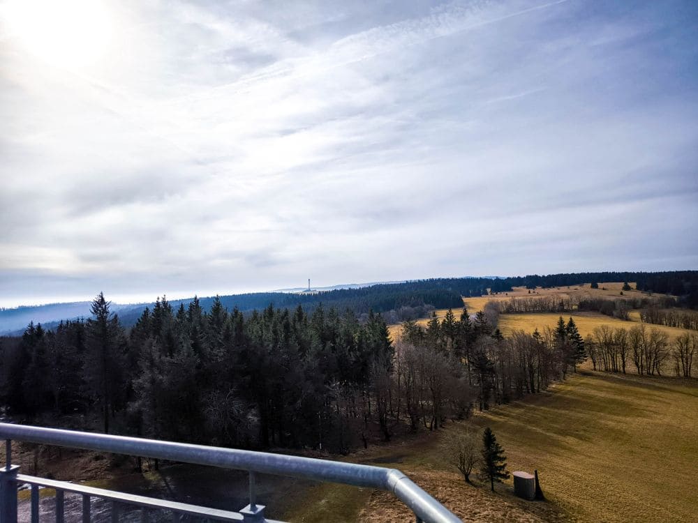 Der Blick von Noahs Segel überblickt durch ein Metallgeländer eine Landschaft mit dichtem Wald, offenen Grasfeldern und sanften Hügeln unter einem bewölkten Himmel, durch den das Sonnenlicht fällt.