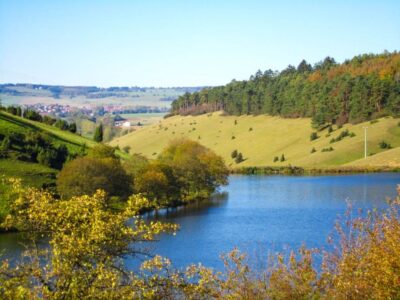 In Grimmelbach erstreckt sich eine ruhige Landschaft mit einem blauen See, umgeben von sanften Hügeln und dichten Bäumen unter klarem Himmel. In der Ferne säumen kleine Häuser die offenen Felder und unterstreichen die üppige und lebendige Szenerie, die Ruhe und natürliche Schönheit ausstrahlt.