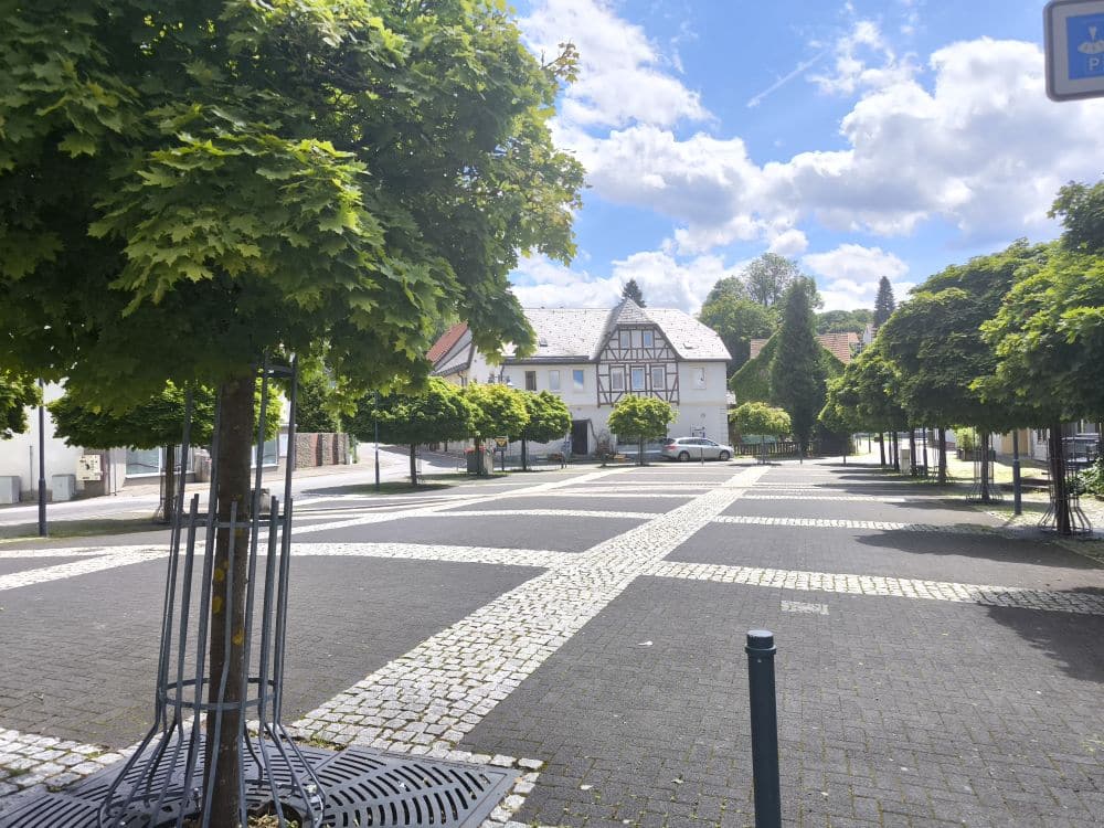 Eine Kopfsteinpflasterstraße in Zella-Mehlis ist von dekorativen Bäumen gesäumt. Im Hintergrund ist ein charmantes Fachwerkhaus zu sehen. Der Himmel ist teilweise bewölkt, rechts steht ein Parkschild.