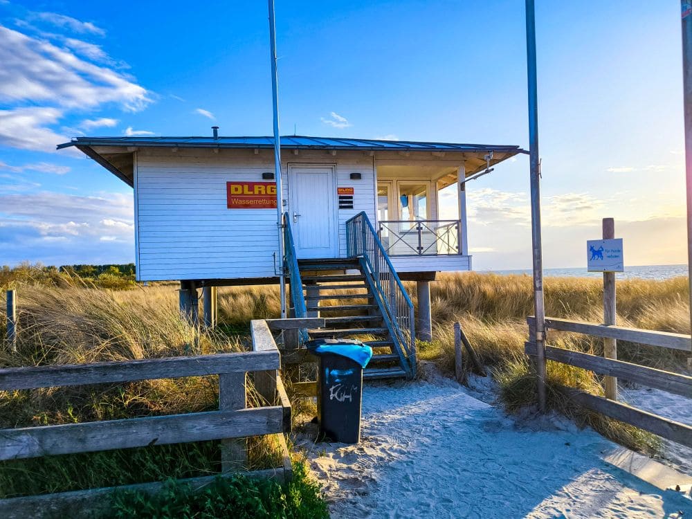 Eine weiße Rettungsschwimmerstation auf Stelzen steht an einem Sandweg mit hohem Strandhafer im Ostseebad. Im Vordergrund sind ein Holzzaun und ein Mülleimer zu sehen, dahinter erstrecken sich Salzhaff, Meer und blauer Himmel.