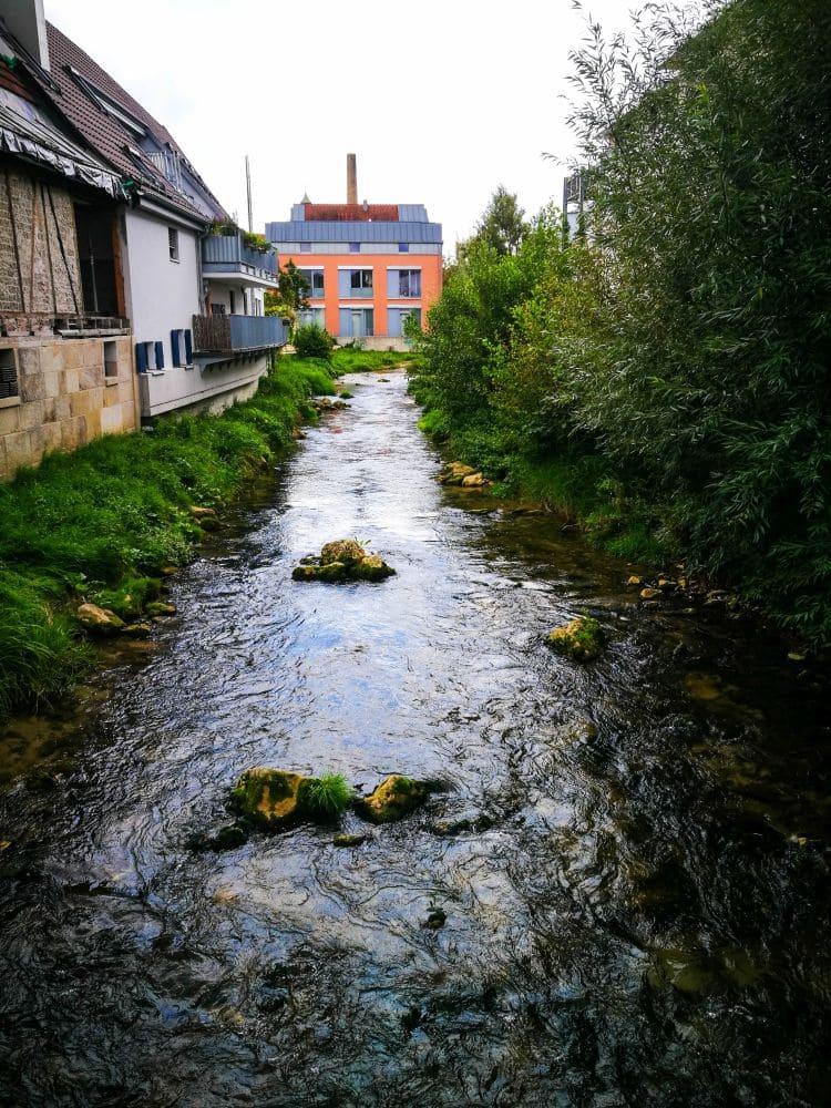 Zwischen zwei Häuserzeilen in Kirchheim fließt ein schmaler Bach. Das Wasser ist klar, auf dem Grund sind Felsen zu sehen, und üppige grüne Vegetation säumt das Ufer. Im Hintergrund steht ein zweistöckiges Gebäude mit orangefarbener Fassade und einem Schornstein.