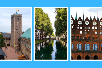 Collage aus drei Bildern: eine historische UNESCO-Steinburg mit einem Turm, ein von Bäumen gesäumter Kanal und ein detailreiches gotisches Gebäude aus rotem Backstein mit runden Fenstern und Bögen, alles vor einem leuchtend blauen Hintergrund.