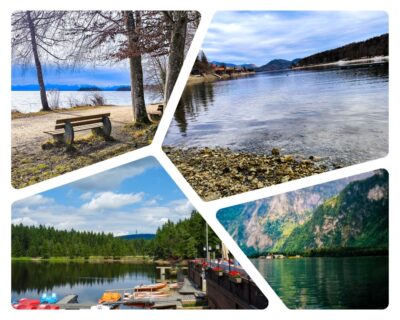 Eine Collage von vier Seeszenen in Bayern zeigt Bänke am Wasser, ein felsiges Ufer, Boote am Waldrand und einen ruhigen See inmitten grüner Berge - die schönsten Seen Bayerns und ihre Wasserparadiese unter teils bewölktem Himmel.