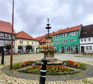 Ein von bunten Blumen umgebener Steinbrunnen steht in der Mitte eines gepflasterten Platzes im idyllischen Städtchen Themar, gesäumt von farbenfrohen Fachwerkhäusern und bemalten Gebäuden unter einem bewölkten Werrataler Himmel.
