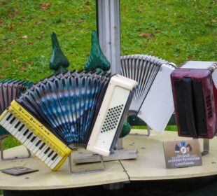 Mehrere bunte Klingenthaler Akkordeons sind in einem Halbkreis auf einem runden Tisch im Freien angeordnet, mit grünem Gras im Hintergrund. Zwischen den Instrumenten ist ein kleines Schild mit deutscher Schrift angebracht.
