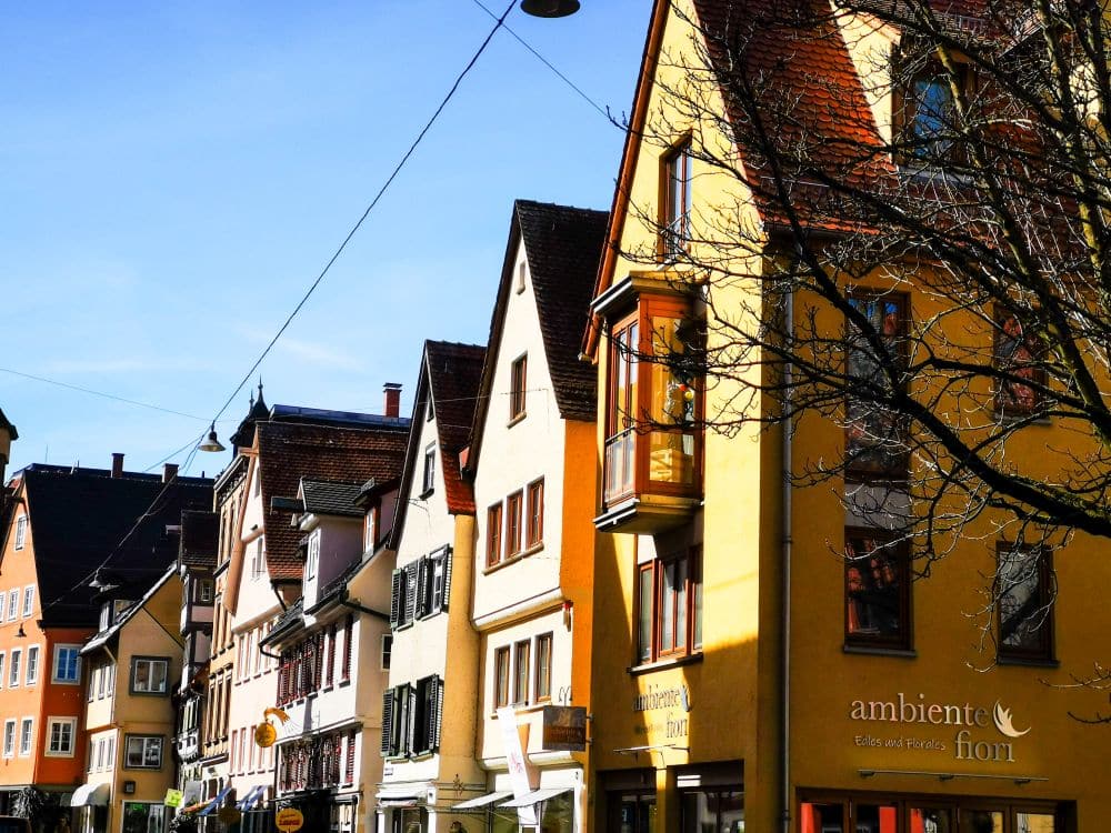 Eine Reihe bunter, traditioneller europäischer Gebäude mit steilen Dächern säumen eine sonnenbeschienene Straße. Ein gelbes Gebäude trägt ein Schild mit der Aufschrift "ambiente fiori". Davor sind kahle Baumzweige zu sehen - eine reizvolle Szene, die Sie mit Ihrer Ulm Card erkunden können.