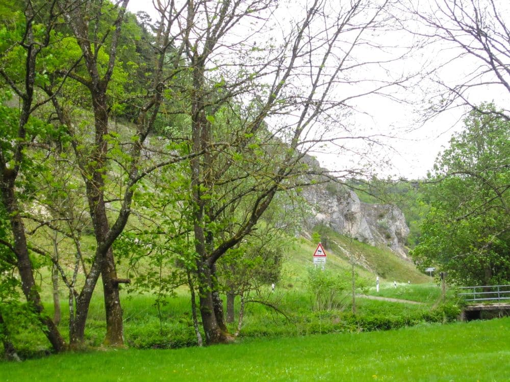 Eine grasbewachsene Fläche mit vereinzelten Bäumen im Vordergrund bildet die Kulisse für eine friedliche Wanderung. Im Hintergrund weisen ein felsiger Hügel, eine Straße und ein dreieckiges Straßenschild auf die üppige Mischung aus offenem Raum und dichtem Laub im Kleinen Lautertal hin - perfekt für eine Auszeit.