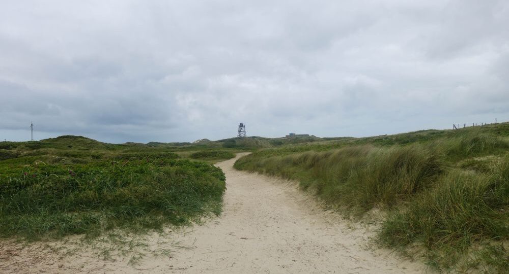 Ein Sandweg schlängelt sich durch grasbewachsene Dünen unter einem wolkenverhangenen Himmel in Blavand, Westdänemark. In der Ferne am Horizont ist ein kleines Gebäude zu erkennen.