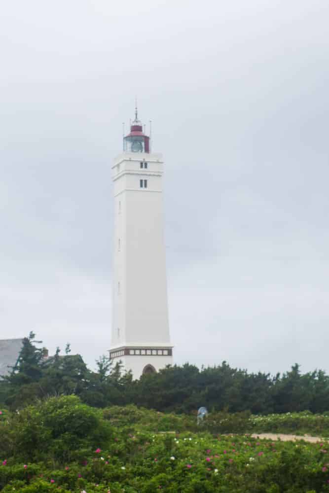Ein hoher, weißer Leuchtturm steht vor einem wolkenverhangenen Himmel in Blavand, Westdänemark, umgeben von grünen Büschen und Bäumen an seinem Fuß.