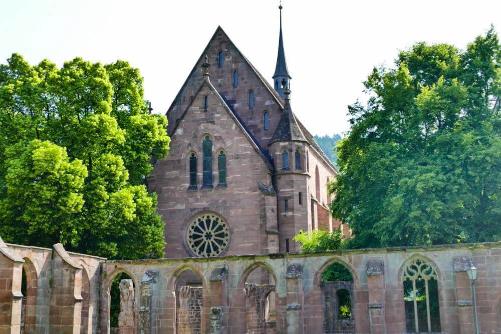In Hirsau steht eine historische Steinkirche mit Spitzdach und Kirchturm inmitten grüner Bäume, die hinter den Bogenfenstern und Teilmauern der alten Ruine im Vordergrund zu sehen sind.