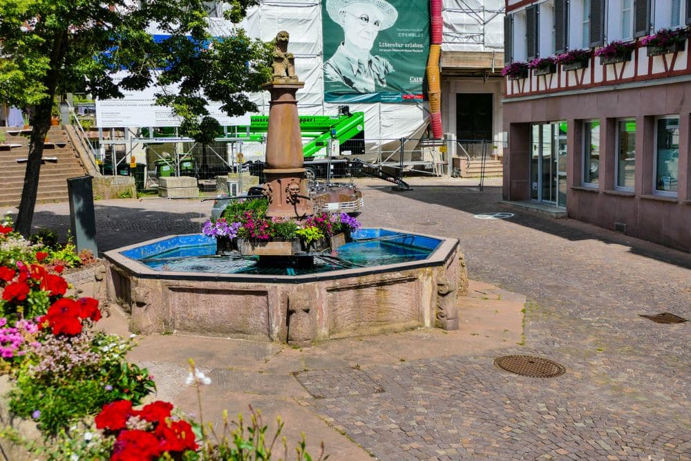 Auf einem kopfsteingepflasterten Platz in Calw steht ein Steinbrunnen mit Blumenarrangements, umgeben von bunten Blumenbeeten, historischen Gebäuden und Baugerüsten im Hintergrund.