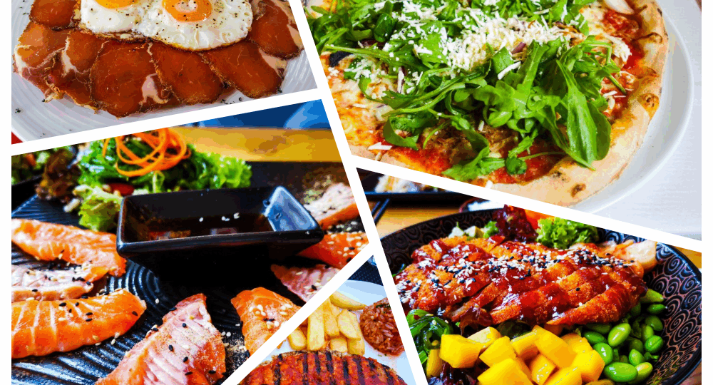 Eine Collage aus fünf Gerichten aus den Erfurter Lieblingsrestaurants: Pökelfleisch mit Spiegeleiern, Pizza mit Rucola und Parmesan, Sushi und Sashimi, Steak mit Pommes und Soße sowie gegrillter Lachs auf Reis mit Mango und Edamame.