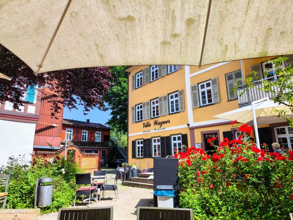 Sitzplatz im Freien unter einem großen Sonnenschirm mit bunten Stühlen und Tischen neben einem gelben Gebäude mit der Aufschrift Villa Wagner in Calw. Rote Blumen und helles Sonnenlicht schaffen eine lebendige und einladende Atmosphäre.