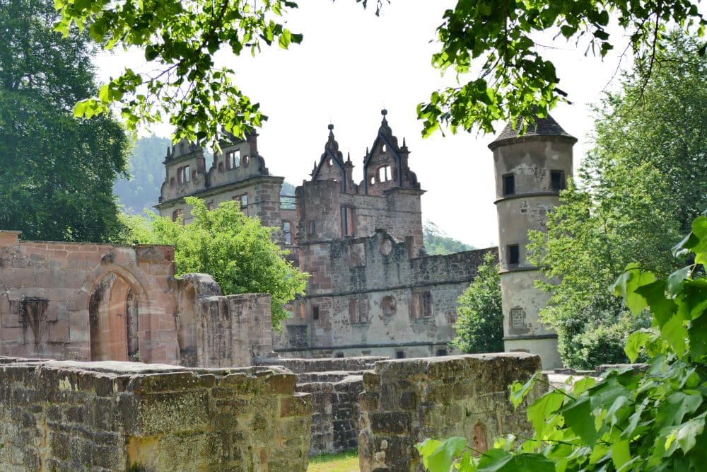 Eine teilweise verfallene Steinburg mit verzierten Türmen und Bogenfenstern, umgeben von üppig grünen Bäumen und Laub in der Nähe von Calw, mit Blick durch die belaubten Äste im Vordergrund.