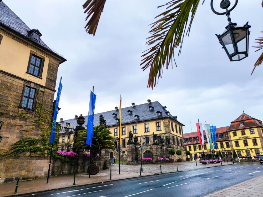 Ein historischer europäischer Stadtplatz in Fulda mit steinernen Gebäuden, blauen und bunten Fahnen, rosa Blumenkästen, nassem Pflaster und Palmenblättern im Vordergrund unter einem bewölkten Himmel.