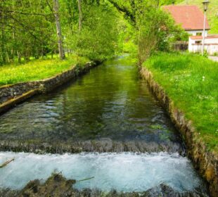 Im Kleinen Lautertal fließt ein klarer Bach zwischen grasbewachsenen Ufern und Steinmauern, umgeben von üppig grünen Bäumen und Pflanzen, mit einem rotgedeckten Haus und einem Laternenpfahl im Hintergrund - perfekt für eine ruhige Wanderung oder Auszeit.