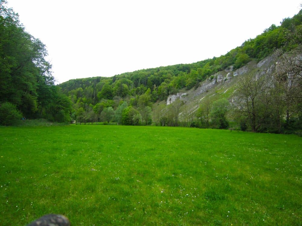 Eine weite grüne Wiese mit vereinzelten Bäumen, gesäumt von bewaldeten Hügeln und felsigen Steilhängen unter einem wolkenverhangenen Himmel - perfekt für eine Auszeit während einer Wanderung im Kleinen Lautertal.
