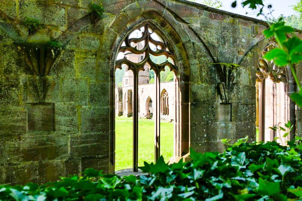 Fensterbögen aus Stein im gotischen Stil einer alten Hirsauer Ruine, mit grünem Efeu im Vordergrund und Gras und weiteren Ruinen, die bei hellem Tageslicht durch die Öffnungen sichtbar sind.