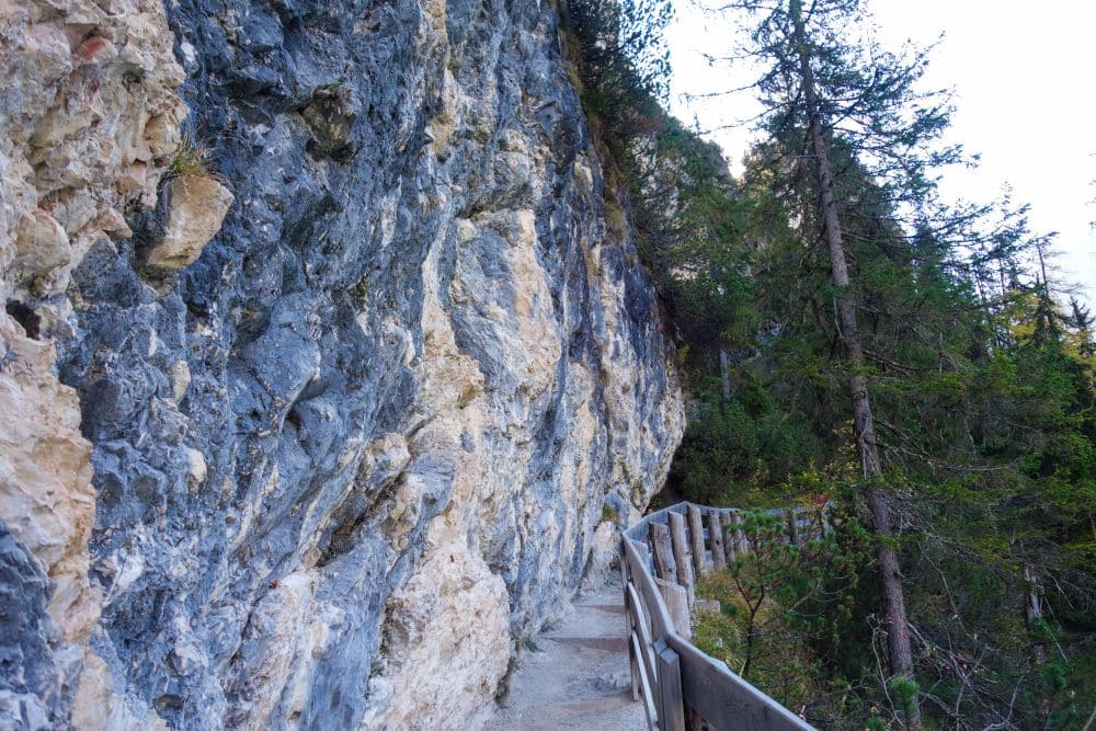 In der Nähe des Pragser Wildsees schlängelt sich ein schmaler, mit einem Holzgeländer versehener Felsenpfad an einer steilen Felswand entlang, die rechts von hohen grünen Tannen gesäumt wird.