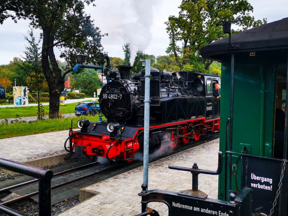 Eine schwarz-rote Dampflokomotive dampft auf den Gleisen eines Bahnhofs auf Rügen, umgeben von Bäumen und Grün. Teilweise ist ein grüner Waggon mit deutschen Warnschildern zu sehen - das ist der Rasende Roland bei Volldampf.