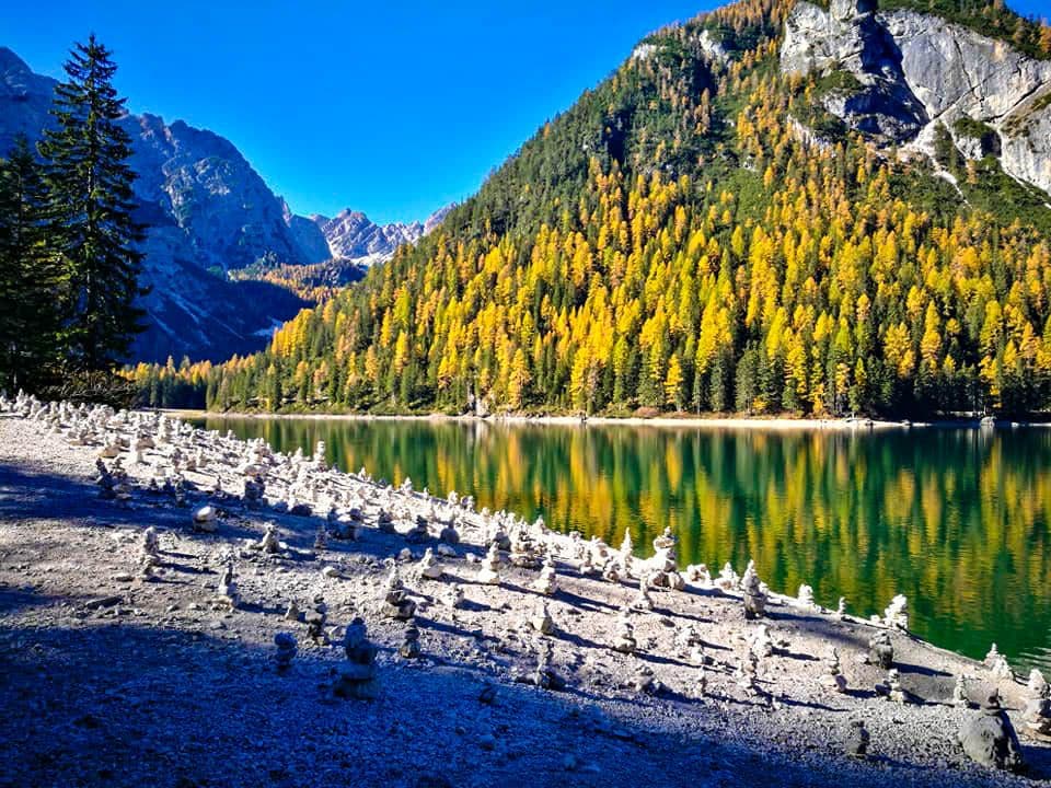 In einem klaren See, dem Pragser Wildsee, spiegelt sich ein Wald aus grünen und gelben Bäumen vor einem blauen Himmel und Bergen. Im Vordergrund sind viele kleine Steinhaufen am felsigen Ufer aufgeschichtet.