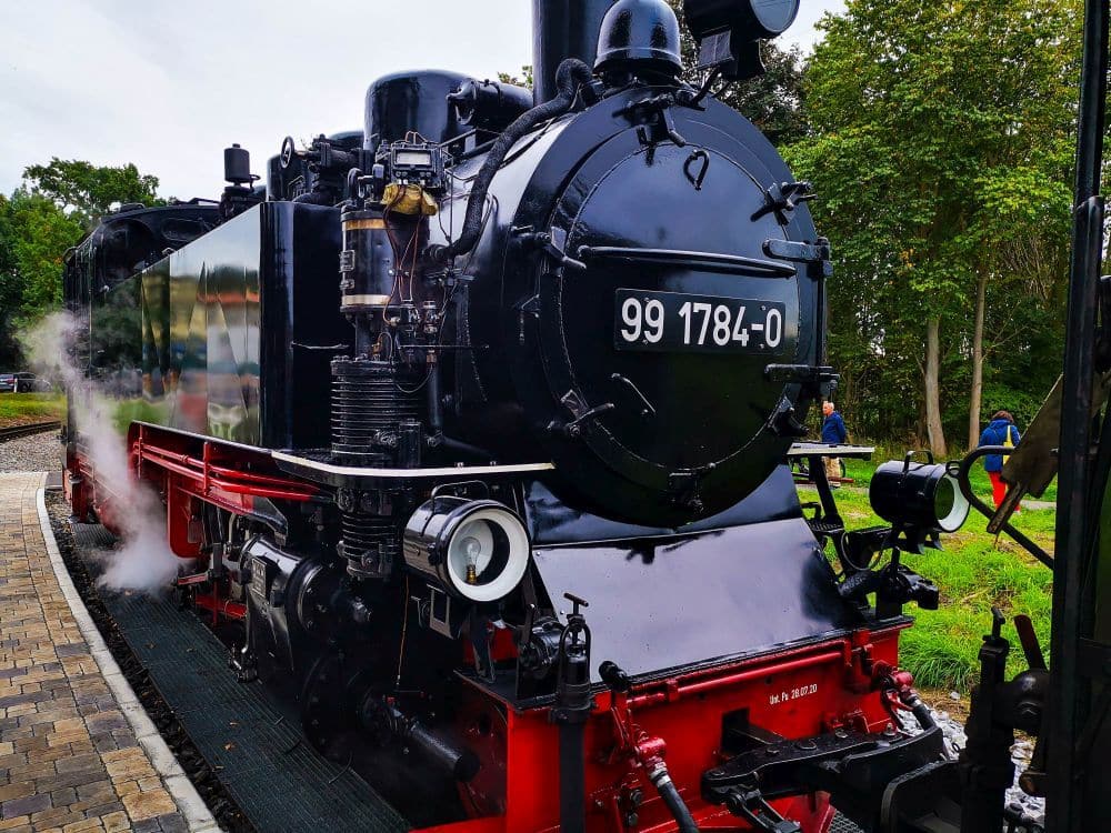 Eine schwarz-rote Dampflokomotive, Nummer 99 1784-0, des Rasenden Rolands lässt Dampf ab, während sie auf den Gleisen in Rügen steht, umgeben von grünen Bäumen und einem Steinweg.