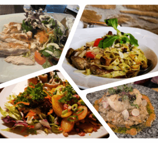 Eine Collage aus vier Gerichten, die auf einzelnen Tellern serviert werden, inspiriert von den Aromen der Lieblingsrestaurants auf der Insel Rügen: Salat mit gegrilltem Hähnchen, Nudeln mit Grünzeug und Tomaten, Kartoffel- und Specksalat und ein cremiges Hähnchengericht mit Radieschen.