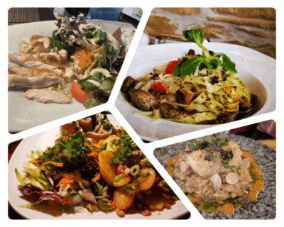 Eine Collage aus vier Gerichten, die auf einzelnen Tellern serviert werden, inspiriert von den Aromen der Lieblingsrestaurants auf der Insel Rügen: Salat mit gegrilltem Hähnchen, Nudeln mit Grünzeug und Tomaten, Kartoffel- und Specksalat und ein cremiges Hähnchengericht mit Radieschen.