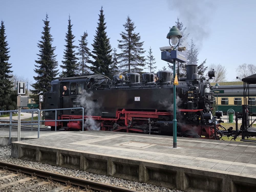 Eine schwarze Rasende Roland-Dampflokomotive stößt am Bahnsteig eines Bahnhofs Volldampf aus. Auf dem Führerstand ist ein Schaffner zu sehen, im Hintergrund stehen Kiefern und ein Laternenpfahl. Ein anderer Zug ist teilweise in der Nähe auf Rügen zu sehen.