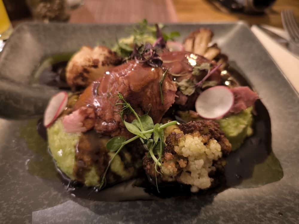 Ein plattierter Gourmet-Teller des Lieblingsrestaurants Rügen mit Fleischscheiben in dunkler Soße, Blumenkohl, Radieschenscheiben, Microgreens und grünem Gemüsepüree auf einem quadratischen grauen Teller - ein unvergesslicher Geschmack der Insel Rügen.