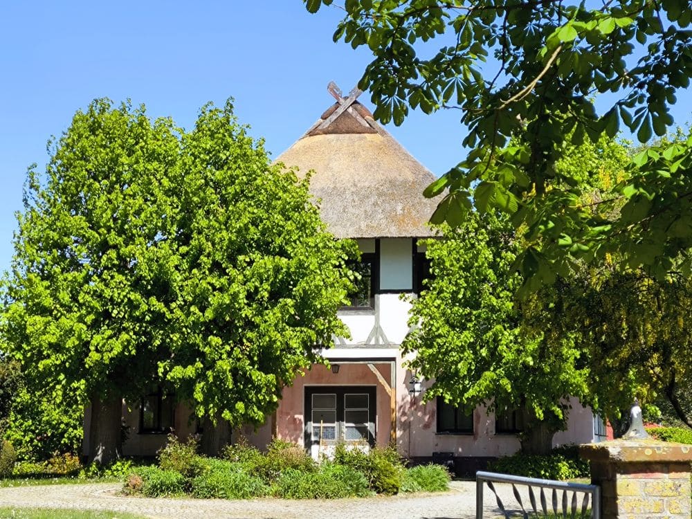 An der idyllischen Ostseeküste bei Klütz steht wie ein verstecktes Juwel ein charmantes Haus mit Reetdach, das teilweise von üppig grünen Bäumen und belaubten Ästen verdeckt wird, vor einem klaren blauen Himmel. Eine Kiesauffahrt führt zu seinem einladenden Eingang.