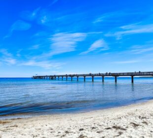 Eine lange Holzmole erstreckt sich über das ruhige, klare blaue Wasser des Ostseeparadieses in Boltenhagen unter einem strahlend blauen Himmel mit Wolkenfetzen. Im Vordergrund ist ein weicher Sandstrand mit Algenflecken zu sehen.