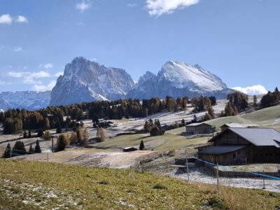 Ein malerischer Blick auf die schneebedeckten Berge der Seiser Alm hinter einem Wald und Holzhütten an einem grasbewachsenen Hang unter einem teilweise bewölkten blauen Himmel.