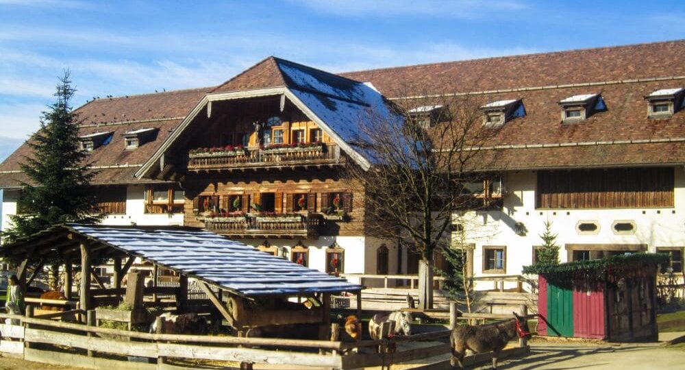 Ein großes, rustikales Gebäude mit Holzbalkonen und Schrägdach erhebt sich vor einem strahlend blauen Himmel und erinnert an einen Aiderbichl-Hof. Im Vordergrund beherbergt ein eingezäunter Bereich verschiedene Tiere, darunter einen Esel. Bäume und Schneeflecken zieren das Gebäude und den Boden.