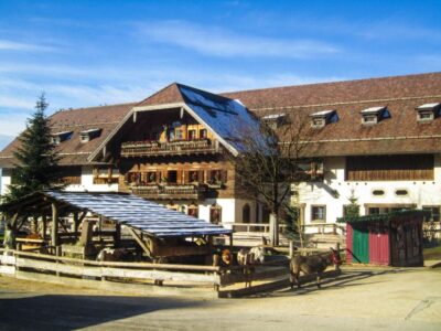 Ein großes, rustikales Gebäude mit Holzbalkonen und Schrägdach erhebt sich vor einem strahlend blauen Himmel und erinnert an einen Aiderbichl-Hof. Im Vordergrund beherbergt ein eingezäunter Bereich verschiedene Tiere, darunter einen Esel. Bäume und Schneeflecken zieren das Gebäude und den Boden.