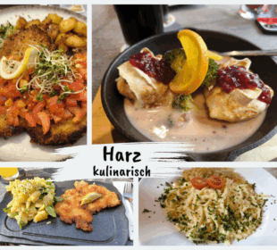 Eine Collage aus vier Harzer Gerichten: paniertes Schnitzel mit Kartoffeln und Tomaten, Hähnchen mit Sahnesauce und Preiselbeeren, Schnitzel mit Salat und Nudeln mit Petersilie. Text: Harz kulinarisch.