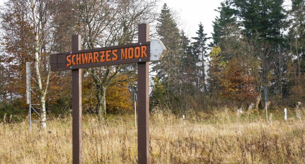 Ein hölzernes Schild mit der Aufschrift "Schwarzes Moor" steht auf einer grasbewachsenen Wiese, umgeben von herbstlich gefärbten Bäumen und immergrünen Bäumen unter einem leicht bedeckten Himmel und markiert den Eingang zu diesem malerischen Moorgebiet.