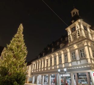 Ein großer, geschmückter Weihnachtsbaum mit Lichtern steht vor einem beleuchteten, historischen Gebäude mit einem Uhrenturm bei Nacht. Im Erdgeschoss sind Geschäfte mit beleuchteten Schildern zu sehen.