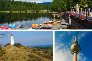 Eine Reise-Collage, die Boote auf einem friedlichen Bootssteg mit Wald im Hintergrund, einen Leuchtturm auf einem grasbewachsenen Hügel und einen hohen Fernsehturm mit einer Beobachtungskugel vor blauem Himmel zeigt.
